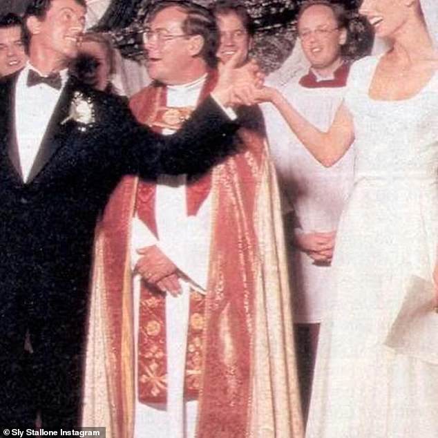 Stallone, then 50, looked dapper in a black suit and bow tie, while Jennifer, then 28, stunned in a simple white dress and veil.