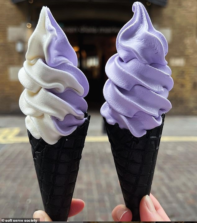 Tourists in central London can head to places like Instagram-famous Creme and pay £4.50 for a cone, while Soft Serve Society in Seven Dials Market starts its services at £4.55 (pictured) .