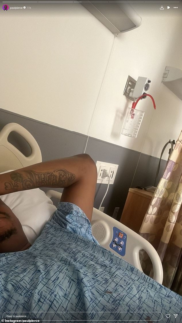 Pierce also posted a photo of him lying in a hospital bed but did not explain how it happened.