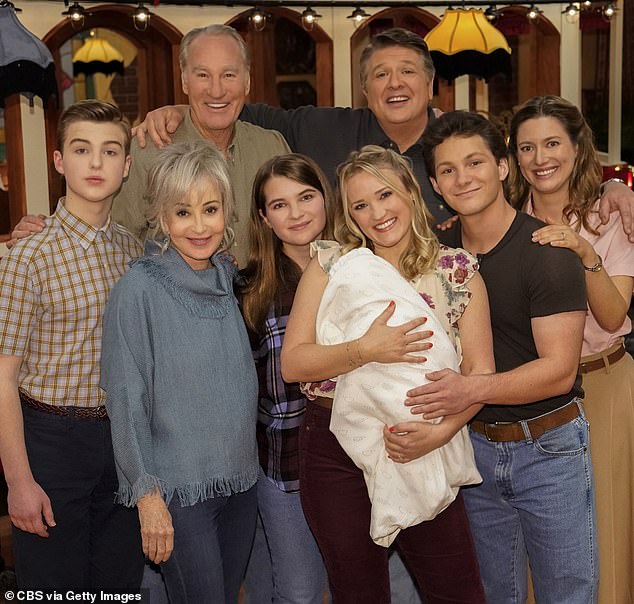 Young Sheldon cast members Iain Armitage as Sheldon, Annie Potts as Meemaw, Craig T. Nelson as Coach Ballard, Raegan Revord as Missy, Lance Barber as George Sr., Emily Osment as Mandy, Montana Jordan as Georgie, Zoe Perry like mary