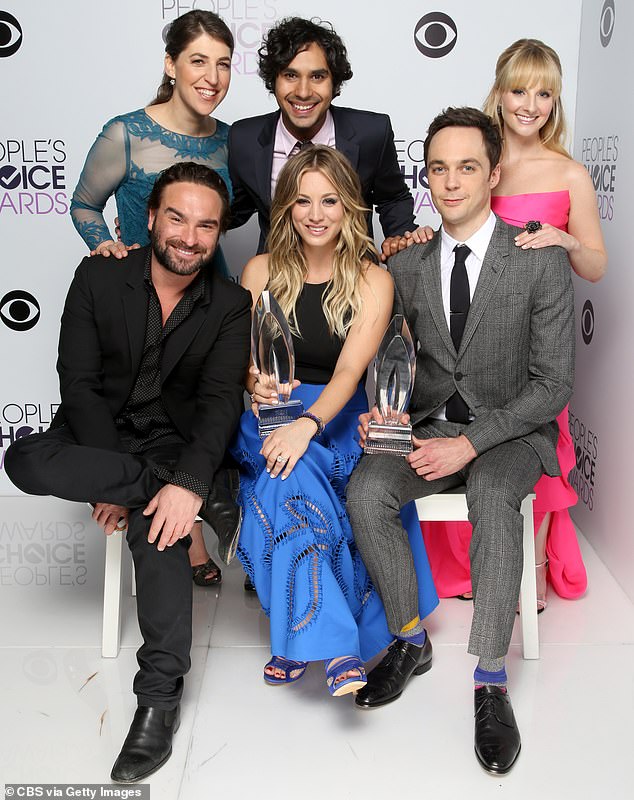 Mayim, Kunal Nayyar, Melissa Rauch, Johnny Galecki, Kaley Cuoco and Jim are shown as the cast of The Big Bang Theory posing together in 2014 in Los Angeles.