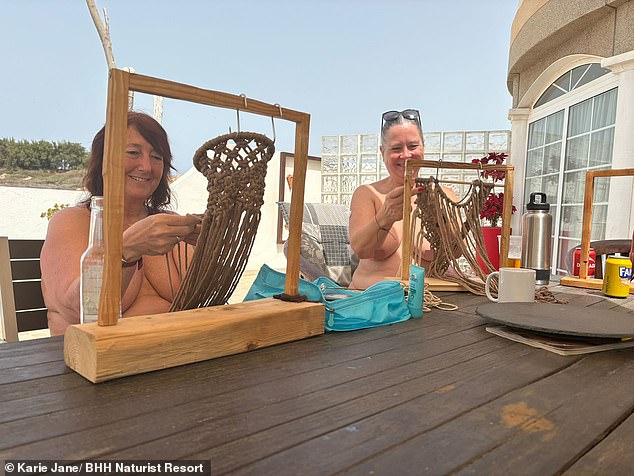 Karie hosts naturist retreats, with female guests pictured here at one of her women-only Ladies Weeks enjoying a macramé making session.