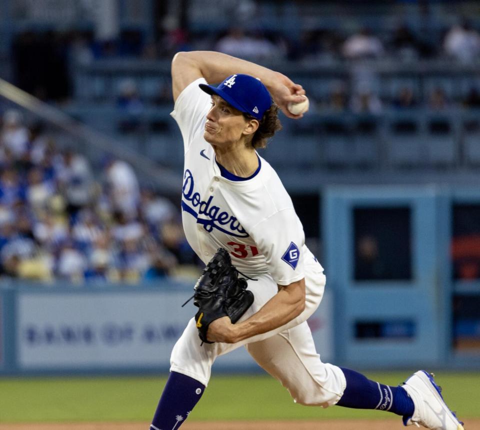 Dodgers pitcher Tyler Glasnow throws the ball from the mound against the Cincinnati Reds.