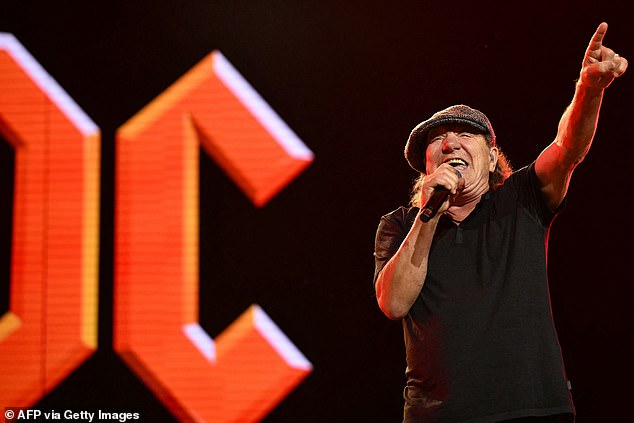 The rock legends have taken their latest album, Power Up, on tour and are scheduled to perform 21 dates in 10 different countries on their first European tour in eight years. Singer Brian Johnson appears on stage in Germany on Friday.