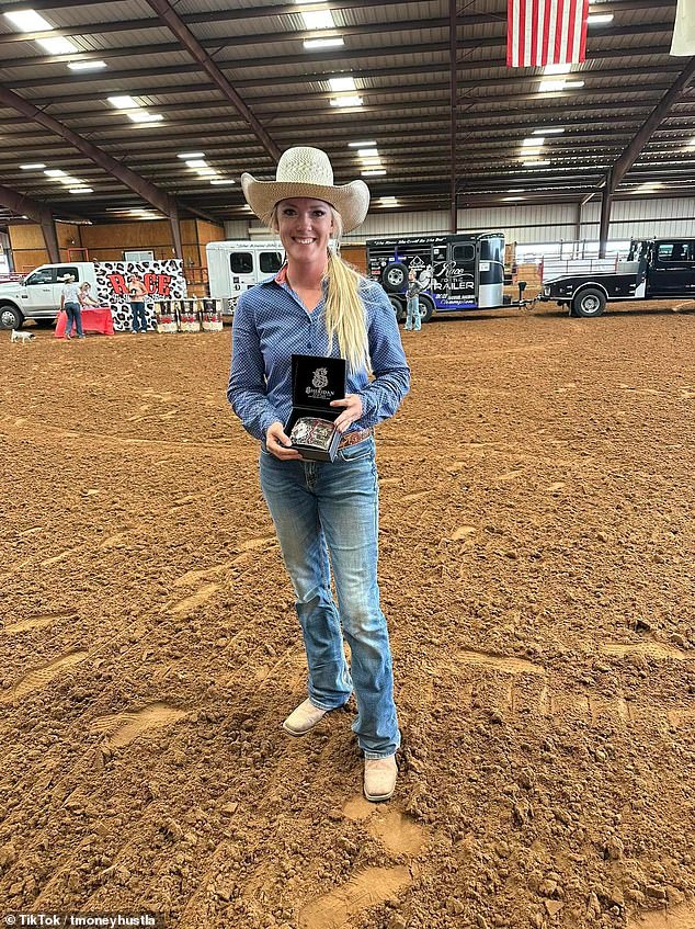 Taylor competes in horse barrel racing events. In the photo he has a prize.