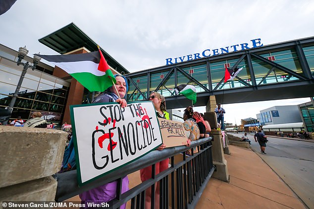 But outside the dinner, dozens of pro-Palestine protesters and demonstrators could be seen holding signs saying 