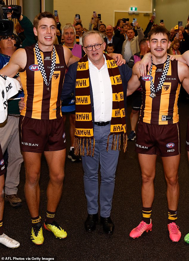 Anthony Albanese was criticized for his surprise post-match appearance in the AFL club Hawthorn's dressing room last weekend (pictured)