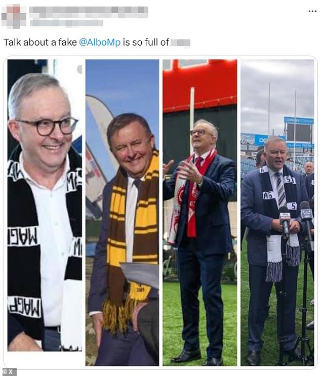 Part of Anthony Albanese's long history of wearing scarves from various sports teams was documented in this angry tweet (pictured)