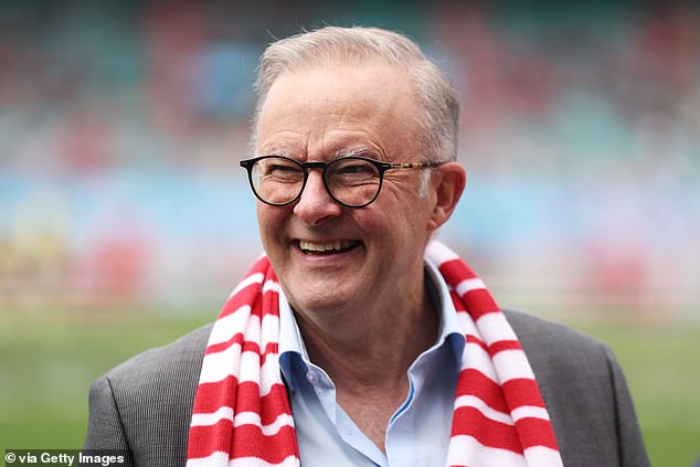 Anthony Albanese is pictured at the AFL match between Sydney Swans and Gold Coast Suns at the SCG on April 21, 2024.