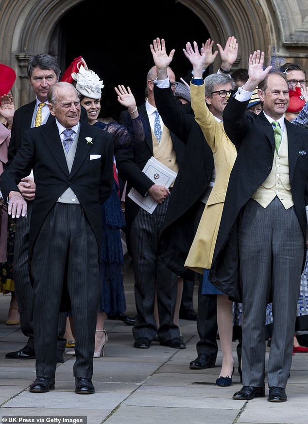 The Duke of Edinburgh, Prince Edward and Princess Beatrice bid farewell to the happy couple.