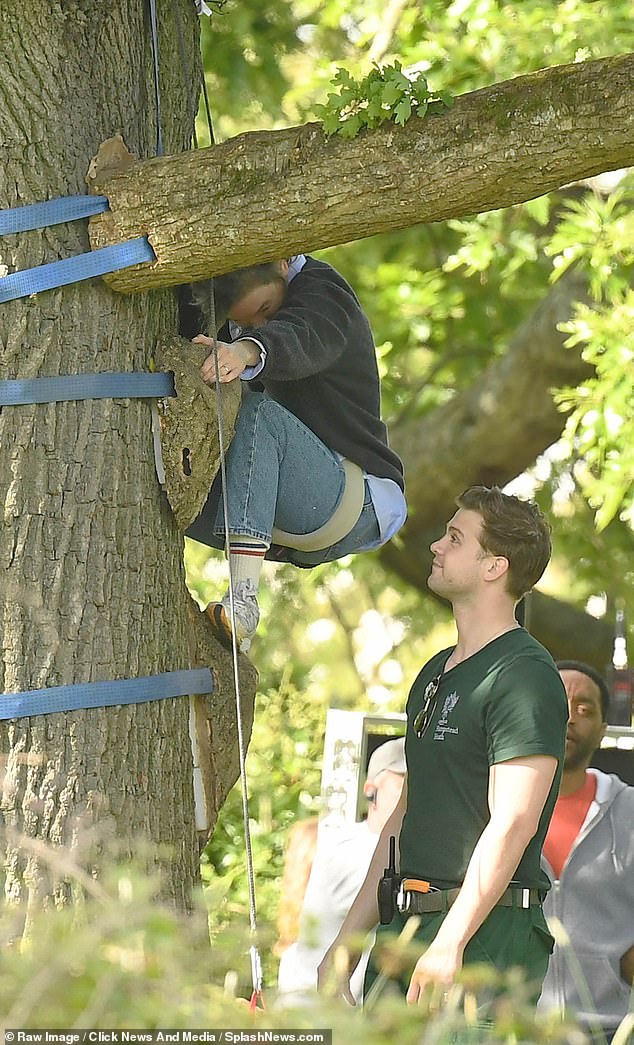 His character is caught staring at Bridget's butt as she gracelessly climbs down from the branches.