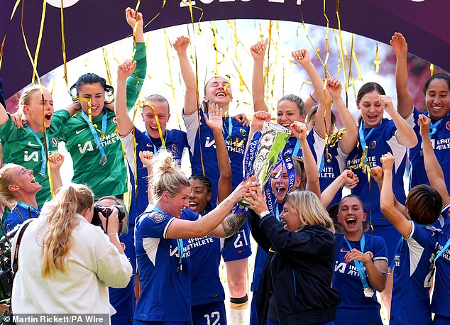 Millie Bright (below left) and Emma Hayes (below right) lift the WSL trophy together