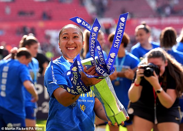 Lauren James (pictured) smiled with the WSL trophy, but sat out the match due to a foot injury.