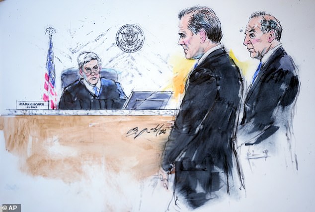 A court sketch of Hunter Biden alongside his attorney Abbe Lowell in federal court on Jan. 11, 2024. The president's son pleaded not guilty to federal tax charges filed after a plea deal fell through.