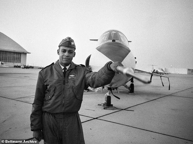 Pictured: Dwight, who rose through the ranks as an Air Force captain, standing in front of the F-104 fighter jet.