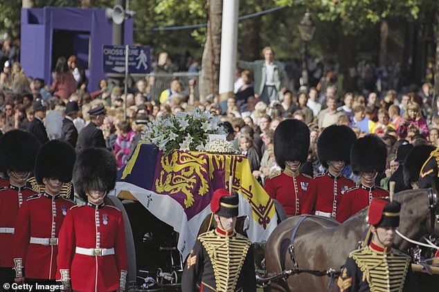 Welsh guards next to the gun carriage carrying the coffin of Diana, Princess of Wales