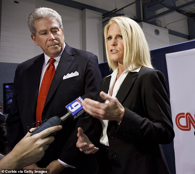 Ed Goeas and Alice Stewart speaking on behalf of Michele Bachman in the spin room in 2012