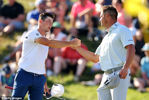 DeChambeau finished the third round tied for fourth place alongside Viktor Holvland (left)