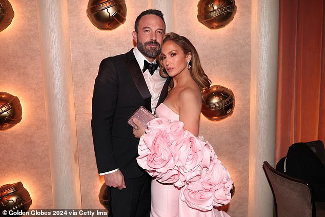 Lopez and Affleck married twice in 2022, first in Las Vegas in July and then in a lavish ceremony at their Georgia estate in August (pictured in Beverly Hills in January).