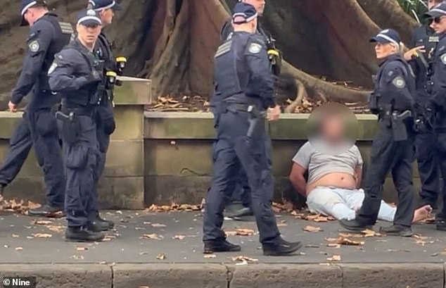 The man (pictured) was later arrested and surrounded by several police officers and paramedics, while a police operation was carried out in the area.