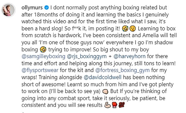 Olly, who is married to bodybuilder Amelia, 31, took to Instagram in April to talk about his boxing journey.