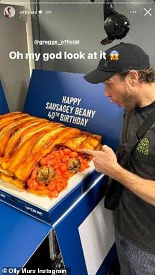 Greggs was inspired by Olly's love of his iconic Sausage, Bean & Cheese Melt, creating a custom cake that mimicked the much-loved and savory Bake, right down to its realistic golden puff pastry icing decoration and delicious baked bean filling.