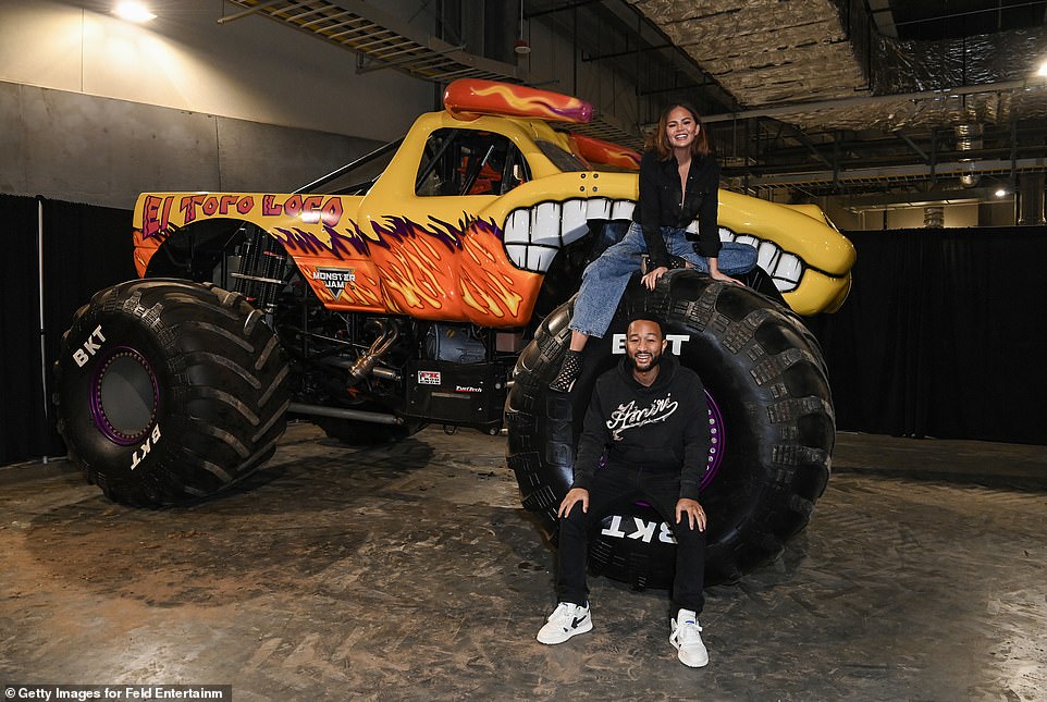 Teigen opted for a contrasting black button-down shirt with blue wide-leg jeans while celebrating her son's birthday.