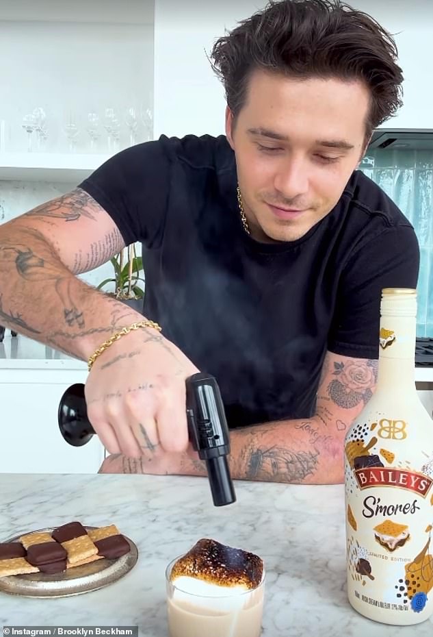 The budding chef shared a post on Instagram Stories using a kitchen blowtorch to caramelize the tops of some marshmallows, surrounded by delicious cocktails.