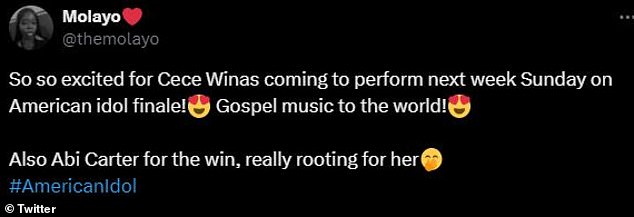 Another fan shared their excitement over a special performance by Cece Winas during the finale and shared that they were 