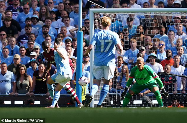 Phil Foden scores City's second goal of the game during their 3-1 win over West Ham at the Etihad Stadium.