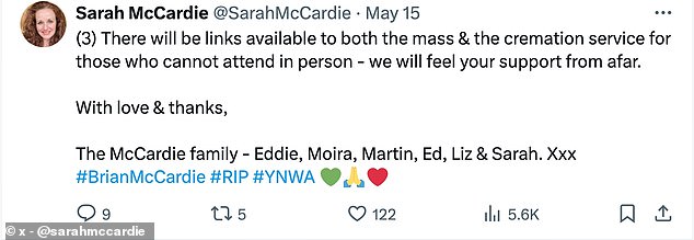 Brian's sister thanked fans for their overwhelming support and revealed how the actor passed away suddenly, following up with details of his funeral.