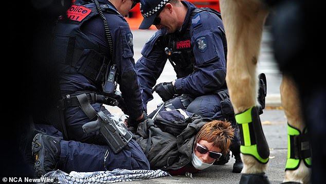 Six people were arrested, including three for impeding police (pictured, police holding a protester)