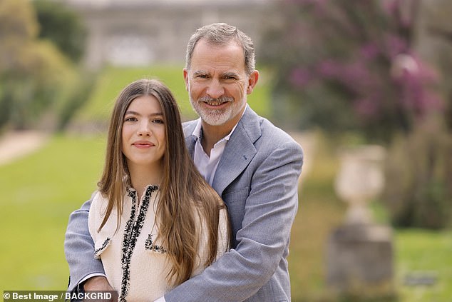 And Crown Princess Sofia is seen in a similar loving pose with King Philip on the grounds of the vast Madrid estate the family calls home.