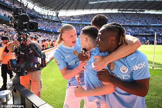 Phil Foden (centre) has played a big part in their success this season winning the Football Writers' Player of the Year award as well as the Premier League Player of the Year.