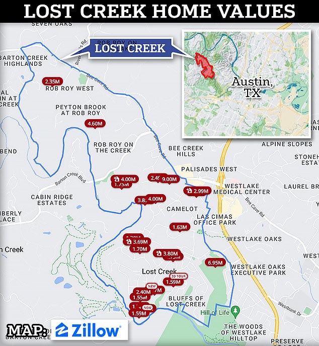 A map of homes for sale in Lost Creek shows home prices in the area, according to Zillow.