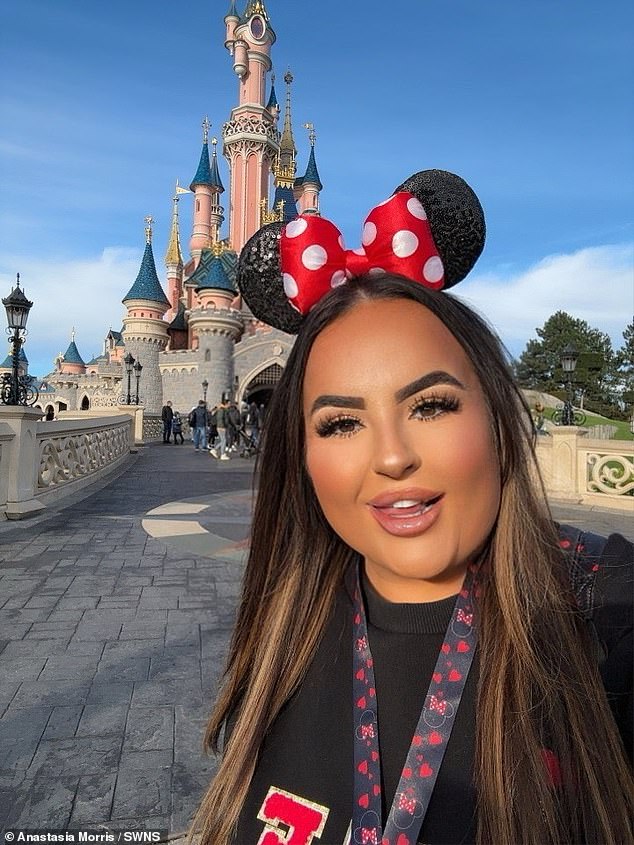 At one point, Anastasia's weight prevented her from accessing theme park attractions. She is now beaming at the opportunity to travel with her son (pictured: Anastasia at Disneyland Paris after losing 5 kilos).