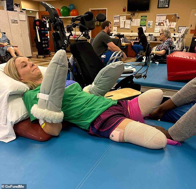 The 41-year-old has learned to sit upright and eat with a special fork after hours of grueling physical therapy.