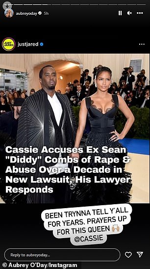 I told you: When news of Cassie's accusations broke, Aubrey wrote on Instagram: 