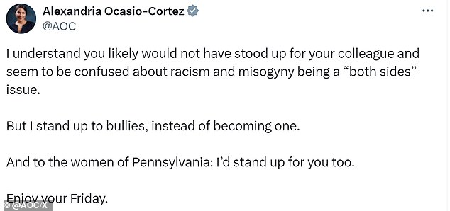 Rep. Ocasio-Cortez responded to Fetterman's opinion by suggesting he is a bully