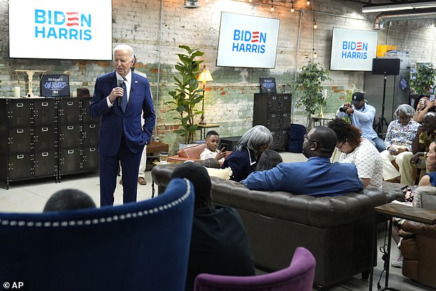 President Joe Biden spoke briefly to supporters at the CRED Café on Sunday in Detroit, Michigan. It is owned by the Crawford family, including NBA players Joe and Jordan Crawford, and is a coffee shop by day and a speakeasy by night.