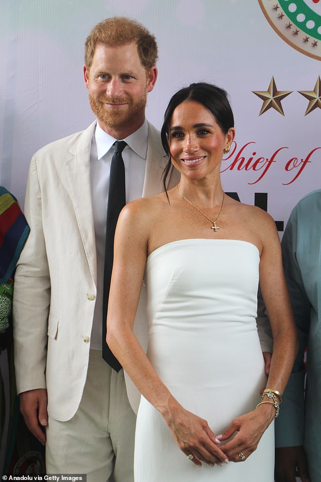 The Duke and Duchess of Sussex have been named the fourth most hated celebrities of 2024 in a new Ranker poll (pictured: the couple visit the Armed Forces Complex in Abuja, Nigeria, on May 11).