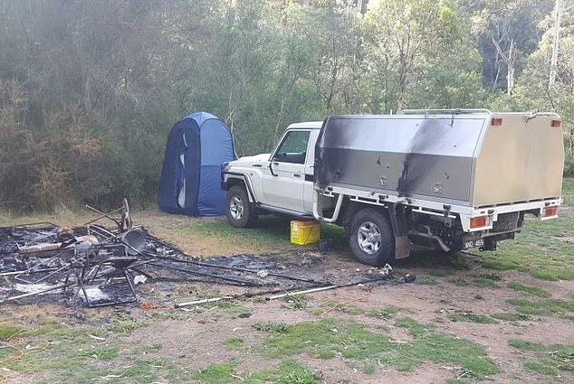 A camper saw a yellow Esky and some cans and came across Mr. Hill and Mrs. Clay's burned-out campsite.