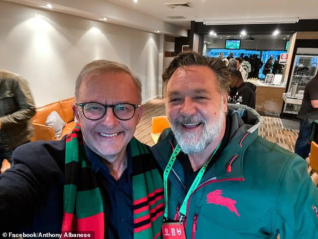 Prime Minister Anthony Albanese (pictured with Souths co-owner Russell Crowe) said Australia would provide support to Haas through diplomatic channels.