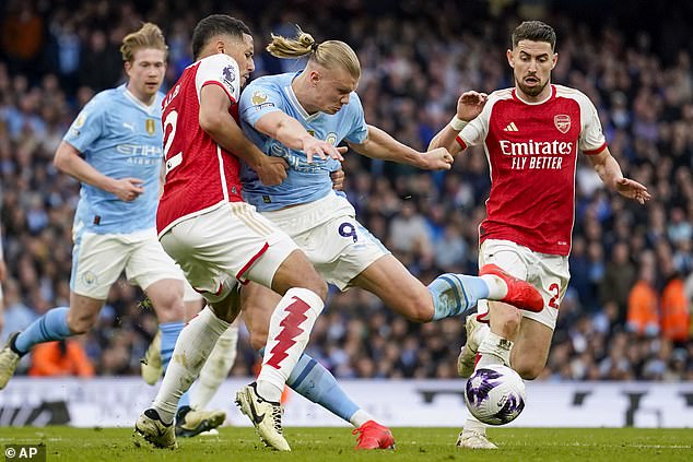 Erling Haaland is blocked by William Saliba during the goalless draw on March 31.