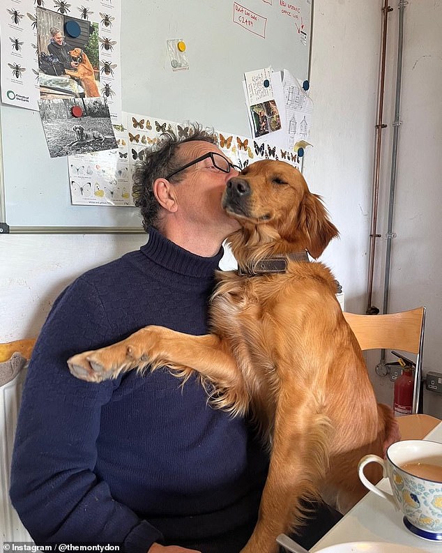 Monty Don is shown kissing one of his adorable dogs on his Instagram page.