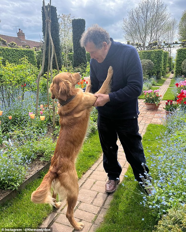 Monty Don, an avid dog lover, is pictured dancing with his dog in his garden.