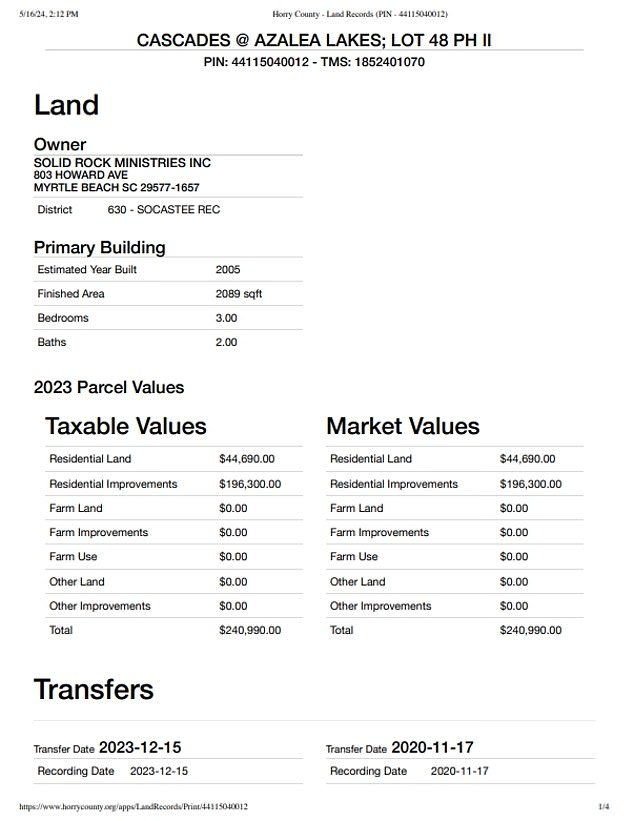 Records seen by DailyMail.com show the taxable value of the Millers' home is $240,000, about $70,000 more than Miller sold it for.