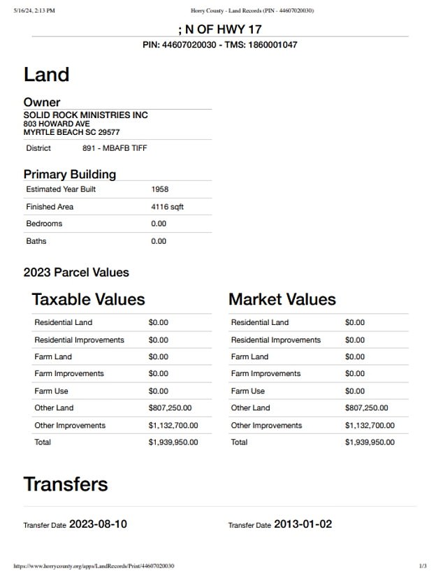 Records show the church is worth $1.93 million, and the ministry also owns 28.2 acres of land with a total value of $3.42 million.