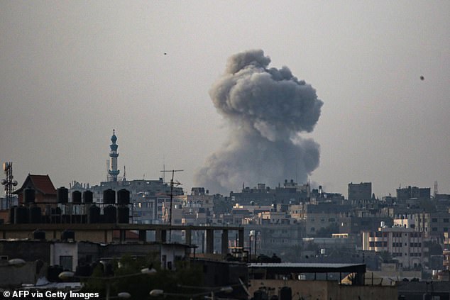 Smoke rises during the Israeli bombardment in eastern Rafah in the southern Gaza Strip on May 19, 2024, amid the ongoing conflict between Israel and Hamas.