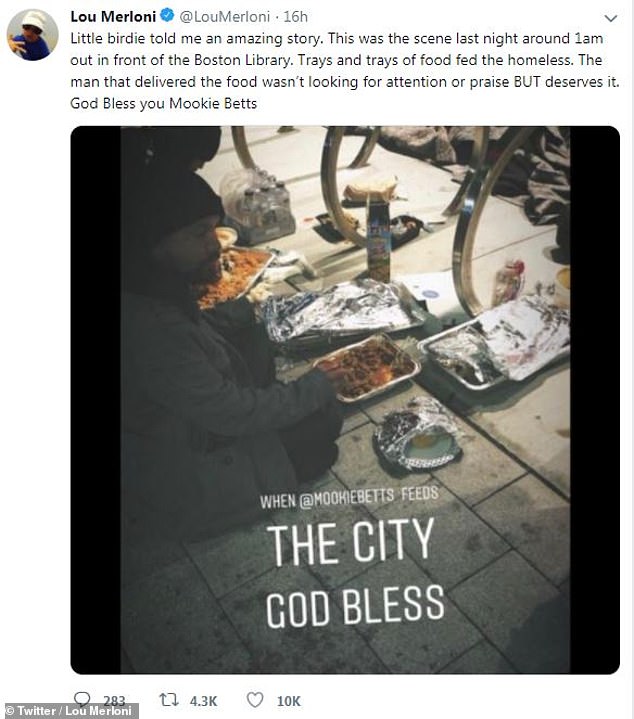 Betts was secretly recorded giving food to homeless people in downtown Boston in 2018.